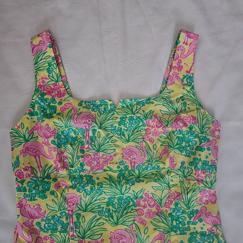 Lilly Pulitzer Women's Green Pink Flamingo Floral Print Dress Shift Dress Sz 10 - Picture 5 of 13